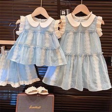 【Arbea】韓版女孩甜美純色娃娃領套裝夏季新款時尚洋氣蕾絲飛袖連身裙及套裝【C985】