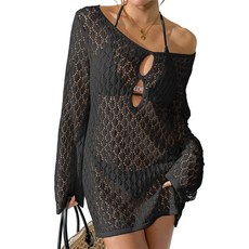 여성 여름 크로 셰 뜨개질 수영복 커버 업 Boho 긴 벨 슬리브 미니 드레스 해변 휴가 블랙 L