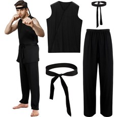 Xtinmee 4 Pcs Karate Costume for Men Halloween Costume Adult Black Karate Gi Dress up Uniform with