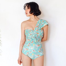 VERAF 單肩式花朵圖案連身泳衣