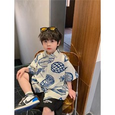 兒童短袖襯衫 中小童上衣 男孩韓版印花襯衣