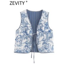 Zevity 여성 국립 스타일 민소매 패치 워크 꽃 프린트 퀼트 조끼 자켓 숙녀 레이스 업 양복 세련된 자르기 탑 CT6267