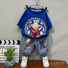 男童夏季奧特曼發光短袖牛仔套裝