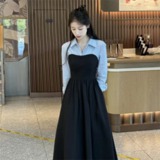 POMTOR 여성 봄 캐주얼 레이어드원피스 셔츠 원피스