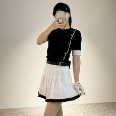 린넨 라인버튼 라운드 반팔니트 투솜 여성골프웨어 쿨 시원한 망사 여름니트 필드룩 코디 흡한속건 여자 봄 여름 골프니트
