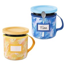 아이스크림 네오프렌 슬리브 2개 홀치기 염색 프린트 재사용 가능한 단열 커버 닌자 크리미 파인트용 핸들 스푼 홀더 및 명판 슬롯 포함 (680.4g(24온스) C+D 스타일), 아이스크림 네오프렌 슬리브 2개 홀치기 염색 프린트 재