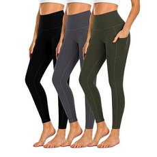 Dimore 주머니가 있는 여성용 운동 레깅스 하이 웨이스트 복부 컨트롤 요가 팬츠 4팩 러닝용 3팩 - 블랙/다크 그레이/올리브 그린 XL