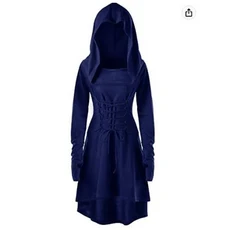 팝여성 르네상스 아처 코스프레 의상 후드 로브 레이스업 빈티지 풀오버 롱 망토 할로윈 파티, 03 L, 05 파란