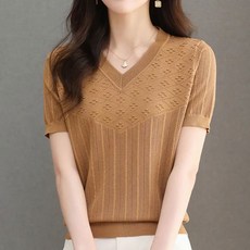 ROYALBELLE 여성 브이넥 무지 반팔 얇은 빅사이즈 루즈핏 니트 티셔츠