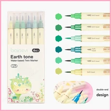 듀얼 팁 수채화 아트 마커 브러시 브러쉬 펜세트 서예 스케치용 파인라이너 드로잉 학교 용품 6 색, 05 Double nibGreen