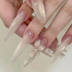 純手工美甲穿戴甲 冰花立體浮雕裸色, 1個, XS 小碼 -送美甲工具, 冰花仙子 細狗長尖 約36mm