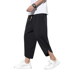 DOSLAVIDA 남성용 캐주얼 리넨 카프리 팬츠 배기 코튼 하렘 요가 트라우저 패치워크 엘라스틱 웨이스트 와이드 레그 솔리드-블랙 119468