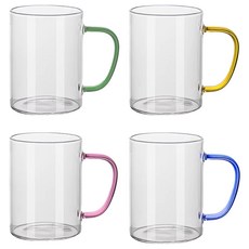 투데이리빙 4개입 세트 컬러 핸들 유리 머그컵 430ml 커피 주스 내열 예쁜 손잡이 투명 유리잔 유리컵 머그잔 찻잔 물컵 컬러손잡이 홈카페, 4개, R98831I(옐로우+블루+그린+핑크