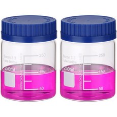 PATIKIL 2팩 시약 매체 보관 병 150ml 붕규산 유리 와이드 마우스 눈금 원형 병 실험실 물 시약 액체용 GL32 블루 스크류 캡 투명, 250ml, Blue