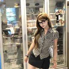 투니스 여성 빈티지 슬림핏 체크 반소매 셔츠