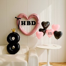 [파티랑]핑크블랙 하트 HBD 풍선세트( 숫자풍선 포함), 1세트, 08)핑크블랙 하트 HBD 풍선세트-숫자8