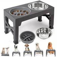 강아지 밥그릇 고양이 물그릇 높이 조절 슬로우 식기 대형견 스텐 밥그릇 접이식 하이테이블 식탁 2구, 1개, 회색