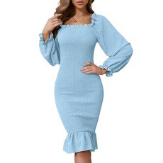 [ 675709 ] 센퓨레 여성용 긴소매 스퀘어넥 미디 임산부 드레스 러플 스모크 바디콘 머메이드 칵테일 봄용 블루