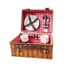 【格森】仿藤編織野餐手提箱伴手籃子ins網紅戶外露營水果籃, 1個, 紅格子（無餐具）