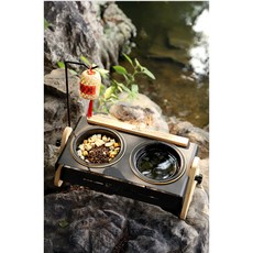 AIMFOR 반려견 밥그릇 프리미엄 블랙 원목 철제 세라믹 2구식기, 1개, 우드블랙