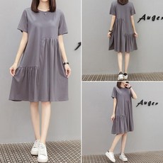 大碼女裝 夏季 寬鬆韓版 短袖 不規則拼接 顯瘦連衣裙, 灰色