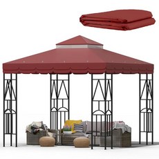 모리코로 119''x119'' 캐노피 교체용 야드 파티오 및 정원용 내구성 선쉐이드 이중 레이어 가제보 커버(프레임 없음)(카키) (Color-Burgundy with lace)