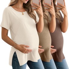 BAGGY 배기fly 여성용 임산부 셔츠 반소매 라운드넥 사이드 스플릿 상의 루즈핏 여름 캐주얼 엄마 의류 3팩 시멘트 그레이 그레이 퍼플 블랙 M 190957, L, 크림, 카키, 모카