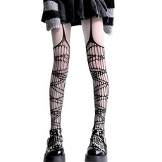 HANSAMU 찢어진 고딕 타이츠 여성용 할로윈 거미줄 망사 스타킹 서스펜더 팬티 스파이더 웹 타이트 액세서리 블랙. 153234