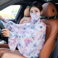 披肩夏季防曬面紗紫外線冰絲雪紡騎行護胃防披肩韓國套裝開車女生防曬口罩披肩--彩色潑墨均碼, 1個, 均碼