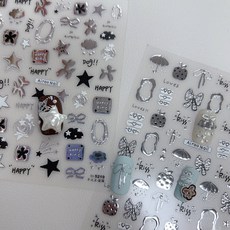 플러터 실버 엠보 해피 힙 네일 스티커 2종세트, 1개, 1세트