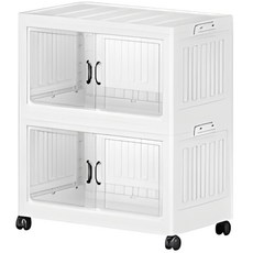 透明門可疊加滾輪收納箱 多層儲物整理箱 客廳臥室玩具衣物收納櫃, 白色 (45cm-兩層), 1個