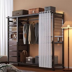 H N Quality Home 커튼형 이동식 강철제 시스템 옷장 대용량 저장용 간편한 조립, 블랙