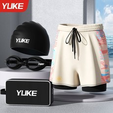 YLIKE 男士吸濕透氣泳褲三件套, 1個, 游泳四件套（香檳白+泳帽+泳鏡+泳包）,L 碼（建議體重45.0-55.0公斤）, 香檳白