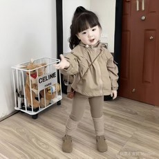 女童夾棉風衣套裝秋冬款兒童加厚外套寶寶堆堆襪加絨打底褲兩件套