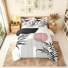 Erosebridal Boho 핑크 블랙 골드 퀸 이불 세트 시트 포함 추상 미드 센추리 7피스 침구 성인용 미니멀리스트 미적 기하학적 침대 가방 모던 보헤미안 시크 18334