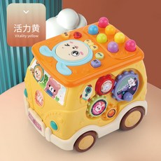 多功能手拍鼓 寶寶玩具 益智早教玩具 六面體手拍鼓 聲光音樂玩具, 電池版六面多玩法【巴士打地鼠拖車】黃, 1個