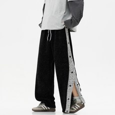 條紋直筒全開排扣籃球褲 高街運動休閒長褲 男款寬鬆學生衛褲男團體服