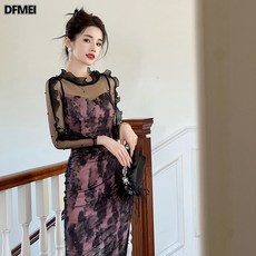 DFMEI 여성 디자인 감각 망사 목이버섯 큐빅 나염 프린트 원피스 10799