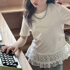델루비오 여아 밑단 레이스 자수 프릴 데일리 무지 라운드넥 반팔 티셔츠