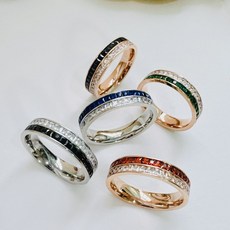 [써지컬스틸] 배색 컬러 샤인 두줄 큐빅 반지 ( 레드 그린큐빅 블랙큐빅 두줄 반지 )