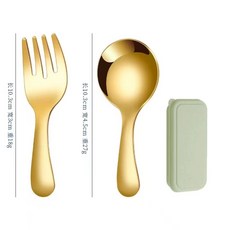 台灣本土貨 便攜勺子叉子短柄叉勺學生用吃飯甜品圓勺叉子迷你餐具, 金叉勺 + 盒, 1個