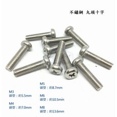 304不鏽鋼丸頭十字螺絲 m8*長度10-50mm 圓頭機械牙螺絲, 1個