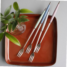 스텐 과일포크 실리콘 손잡이 롱포크 케익 치즈 포크, 다크핑크