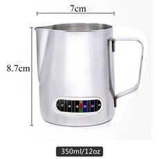 밀크 저그 우유 투수 스테인레스 아트 Frothing 라떼 Frother 용 컵이있는 표시 측정 스틸 12 20oz 온도 주전자, 350ML, 1개