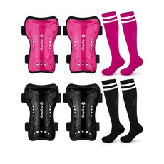 Hryrbay 아동용 축구 정강이 보호대 및 양말 2쌍 세트 유아 패드 보호 장비 만 3-15세 남아 여아용 훈련 또는 월드컵에서 영감을 얻은 게임에 적합 퍼플 로즈 레, Black, Rose Red