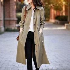 PEROLA 여성 봄 가을 롱 트렌치 코트 루즈핏 간절기 카라넥 싱글 트렌치 코트 자켓 아우터