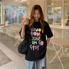 프리티글라라 여성 박시 오버핏 반팔 티셔츠 프린팅 롱티 실내복