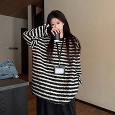 투니스 여성 캐주얼 루즈핏 스트라이프 배색 기모 맨투맨 티셔츠