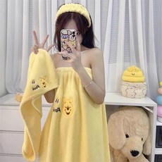 卡通珊瑚絨刺繡浴裙套裝：學生可穿可裹吸水柔軟浴袍、幹髮帽、髮帶組合，多款顏色可選，居家必備, 維尼熊浴帽+浴裙, 1個