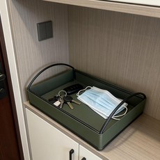 鐵藝皮質托盤 桌面收納盒 玄關鑰匙盤, 橄欖綠鐵藝